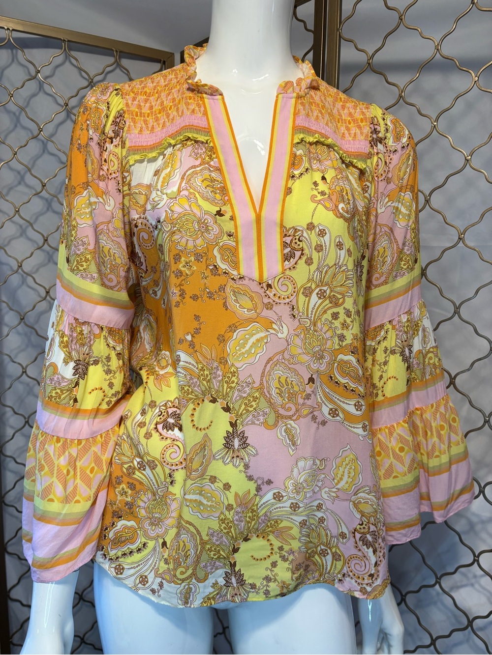 Hale Bob Yellow Pink Paisley V-Neck Tunic size S